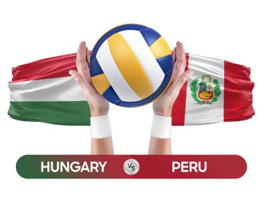 Macaristan, Peru milli takımlarına karşı voleybol voleybol topu yarışma konsepti.