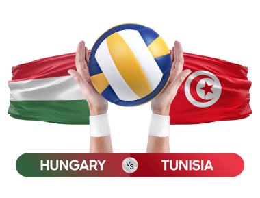 Macaristan Tunus milli takımlarına karşı voleybol voleybol topu yarışma konsepti.