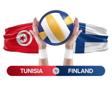 Tunus Finlandiya milli takımlarına karşı voleybol voleybol topu yarışma konsepti.