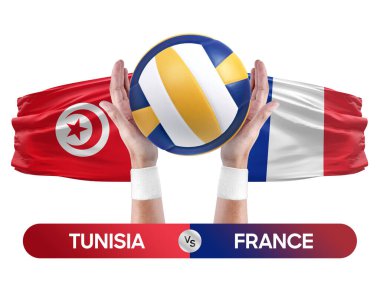 Tunus Fransa milli takımlarına karşı voleybol voleybol topu yarışma konsepti.