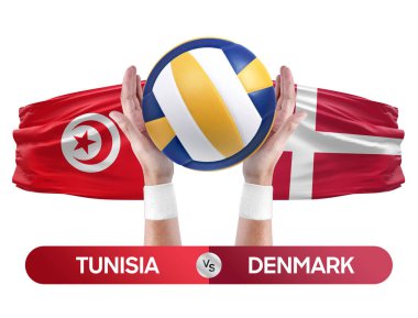 Tunus Danimarka milli takımlarına karşı voleybol voleybol topu yarışma konsepti.