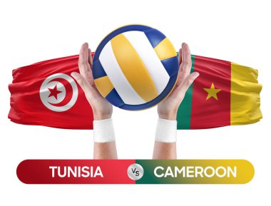 Tunus, Kamerun milli takımlarına karşı voleybol voleybol topu yarışma konsepti.