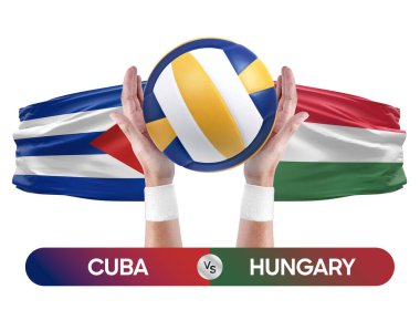 Küba Macaristan milli takımlarına karşı voleybol voleybol topu yarışma konsepti.