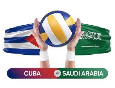 Küba Suudi Arabistan 'a karşı milli takımlar voleybol voleybol topu yarışma konsepti.