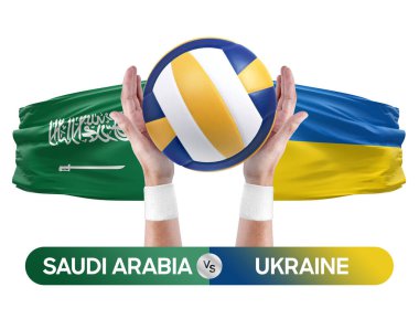 Suudi Arabistan Ukrayna milli takımlarına karşı voleybol voleybol topu yarışması konsepti.