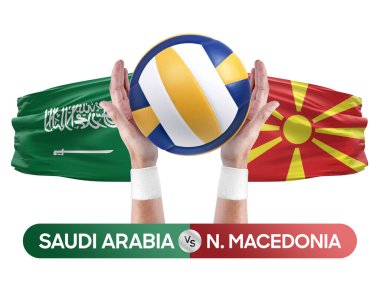 Suudi Arabistan Kuzey Makedonya milli takımlarına karşı voleybol voleybol topu yarışma konsepti.