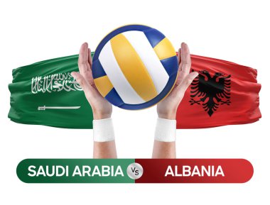 Suudi Arabistan Arnavutluk milli takımlarına karşı voleybol voleybol topu yarışma konsepti.