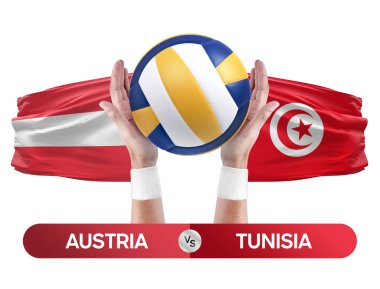 Avusturya Tunus milli takımlarına karşı voleybol voleybol topu yarışma konsepti.
