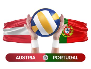 Avusturya, Portekiz milli takımlarına karşı voleybol voleybol maçı konsepti.
