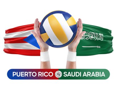 Porto Riko Suudi Arabistan 'a karşı milli takımlar voleybol voleybol topu yarışması konsepti.