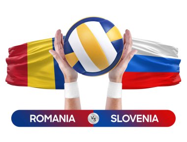 Romanya Slovenya milli takımlarına karşı voleybol voleybol topu yarışma konsepti.