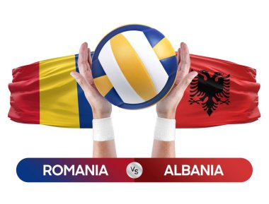 Romanya, Arnavutluk milli takımlarına karşı voleybol voleybol maçı konsepti.