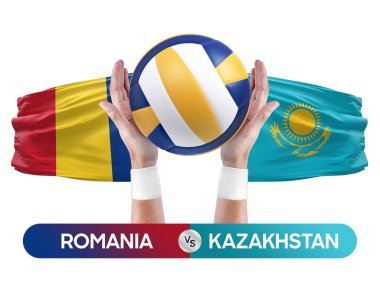 Romanya Kazakistan milli takımlarına karşı voleybol voleybol topu yarışma konsepti.