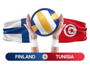 Finlandiya Tunus milli takımlarına karşı voleybol voleybol topu yarışma konsepti.