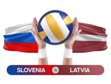 Slovenya Letonya milli takımlarına karşı voleybol voleybol topu yarışma konsepti.