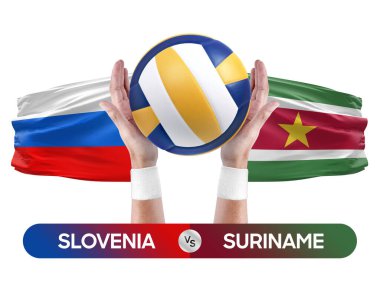 Slovenya Surinam milli takımlarına karşı voleybol voleybol topu yarışma konsepti.