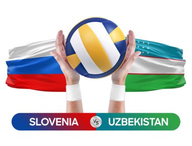 Slovenya Özbekistan milli takımlarına karşı voleybol voleybol topu yarışma konsepti.