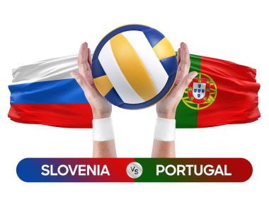 Slovenya, Portekiz milli takımlarına karşı voleybol voleybol topu yarışma konsepti.