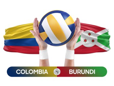 Kolombiya, Burundi milli takımlarına karşı voleybol voleybol maçı konsepti.