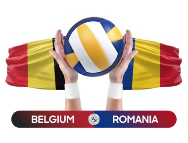 Belçika Romanya milli takımlarına karşı voleybol voleybol topu yarışma konsepti.
