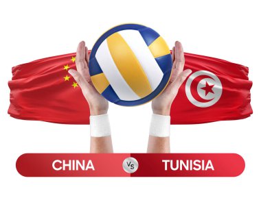 Çin Tunus milli takımlarına karşı voleybol voleybol topu yarışma konsepti.