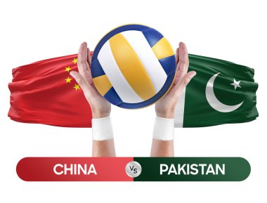 Çin, Pakistan milli takımlarına karşı voleybol voleybol maçı konsepti.