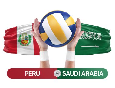 Peru Suudi Arabistan 'a karşı milli takımlar voleybol voleybol topu yarışma konsepti.