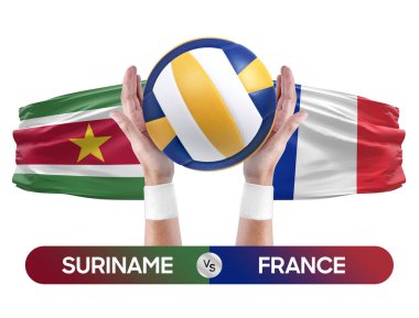 Surinam Fransa milli takımlarına karşı voleybol voleybol topu yarışma konsepti.