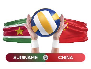 Surinam Çin milli takımlarına karşı voleybol voleybol topu yarışma konsepti.