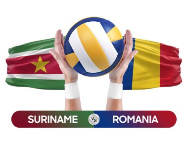 Surinam Romanya milli takımlarına karşı voleybol voleybol topu yarışma konsepti.