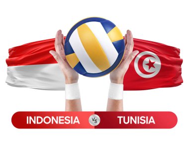 Endonezya Tunus milli takımlarına karşı voleybol voleybol topu yarışma konsepti.