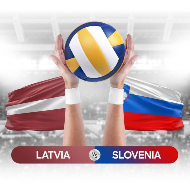 Letonya Slovenya milli takımlarına karşı voleybol voleybol topu yarışma konsepti.