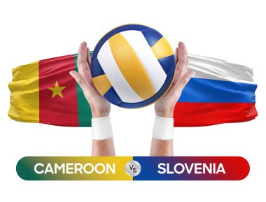 Kamerun Slovenya milli takımlarına karşı voleybol voleybol topu yarışma konsepti.