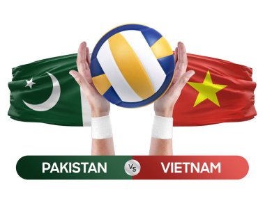 Pakistan, Vietnam milli takımlarına karşı voleybol voleybol maçı konsepti.