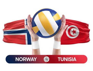 Norveç Tunus milli takımlarına karşı voleybol voleybol topu yarışma konsepti.