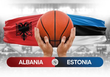 Arnavutluk Estonya milli basketbol takımlarına karşı basketbol topu yarışma kupası konsepti imajı