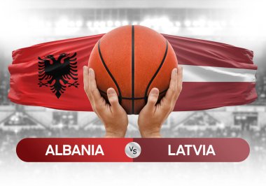 Arnavutluk Letonya milli basketbol takımlarına karşı basketbol topu yarışma kupası konsepti imajı