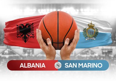 Arnavutluk San Marino milli basketbol takımlarına karşı basketbol topu yarışma kupası konsepti imajı