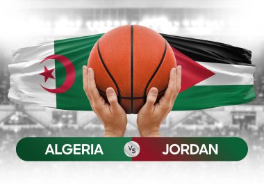 Cezayir, Jordan ulusal basketbol takımlarına karşı basketbol topu yarışma kupası konsepti imajı