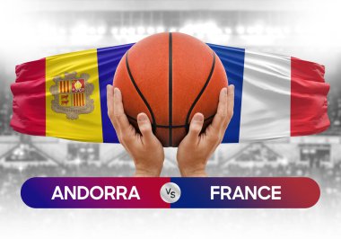 Andorra Fransa milli basketbol takımlarına karşı basketbol topu yarışma kupası konsepti imajı