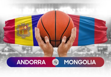 Andorra Moğolistan milli basketbol takımlarına karşı basketbol topu yarışma kupası konsepti