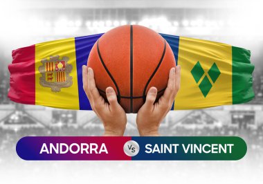 Andorra, Saint Vincent Grenadines 'e karşı milli basketbol takımları basketbol topu yarışma kupası konsepti