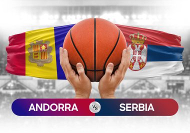 Andorra Sırbistan milli basketbol takımlarına karşı basketbol topu yarışma kupası konsepti imajı