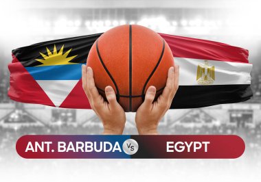 Antigua ve Barbuda Mısır milli basketbol takımlarına karşı basketbol topu yarışma kupası konsepti