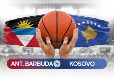 Antigua ve Barbuda Kosova milli basketbol takımlarına karşı basketbol topu yarışma kupası konsepti