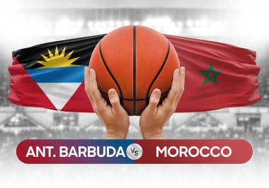 Antigua ve Barbuda Fas milli basketbol takımlarına karşı basket topu yarışma kupası konsepti imajı