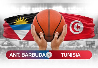 Antigua ve Barbuda Tunus milli basketbol takımlarına karşı basket topu yarışma kupası konsepti