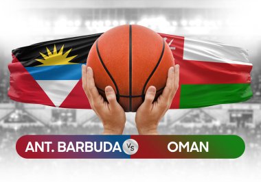 Antigua ve Barbuda, Umman milli basketbol takımlarına karşı basketbol topu yarışma kupası konsepti imajı.