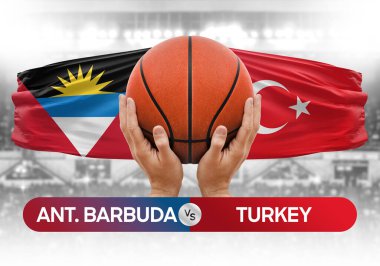 Antigua ve Barbuda Türkiye milli basketbol takımlarına karşı basketbol topu yarışma kupası konsepti