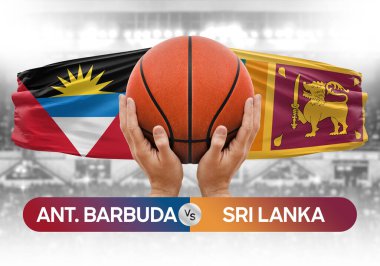 Antigua ve Barbuda Sri Lanka milli basketbol takımlarına karşı basketbol topu yarışma kupası konsepti